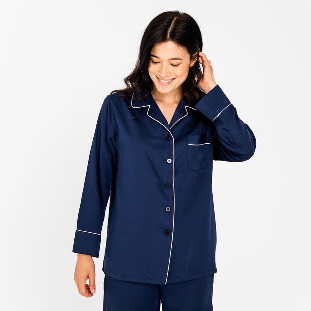 Ettitude Sateen Long Sleeve PJ Shirt Clean Bamboo Button Front Ocean Blue S NEW‎